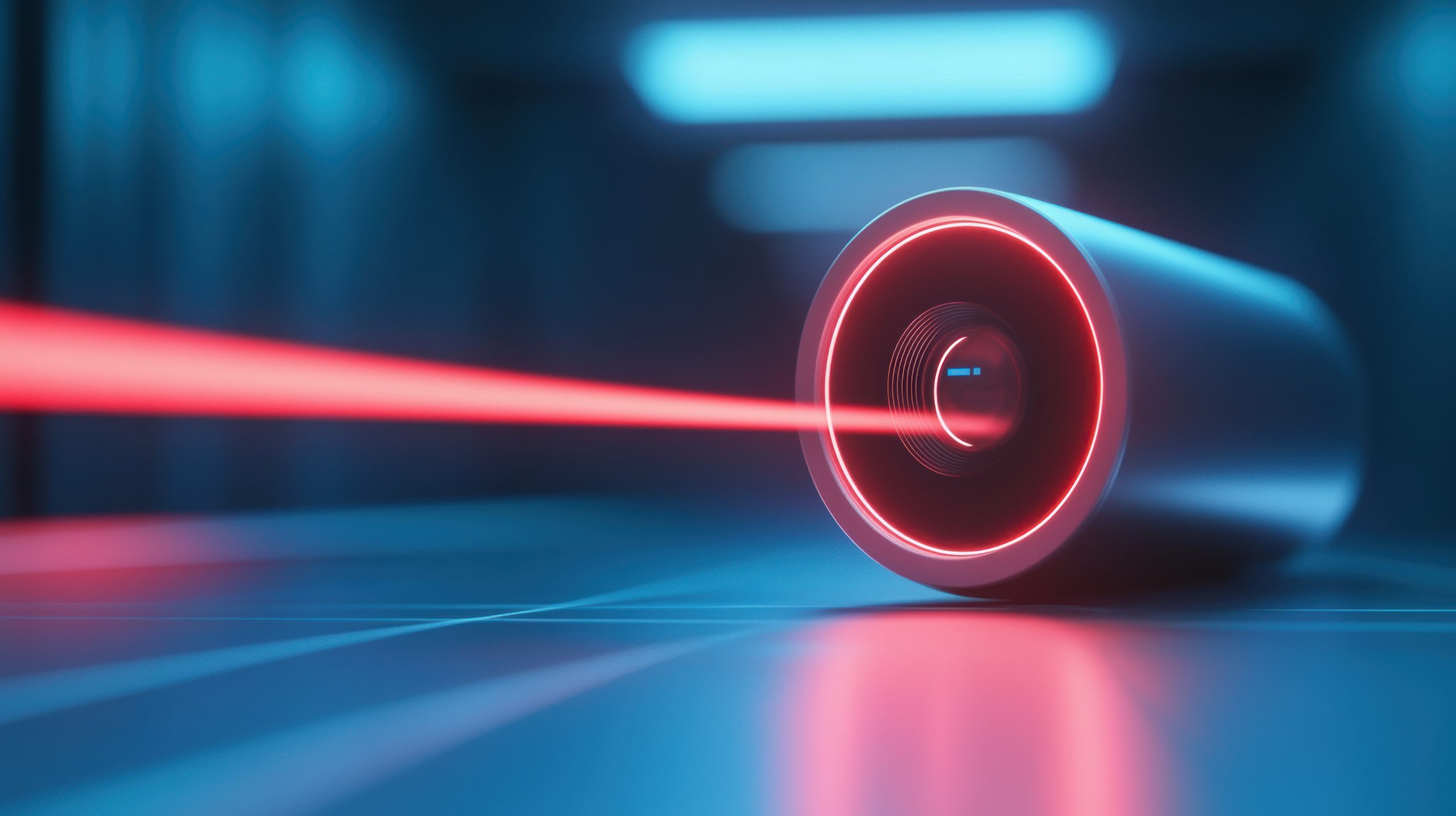 Lidar scanner emitting red laser in futuristic setting Close-up of a lidar scanner emitting a red laser beam, showcasing advanced technology used in autonomous vehicles, 3D mapping, precision sensing